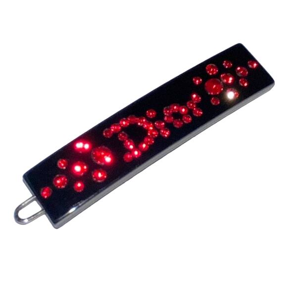 VTG Christian Dior Black Lucite Red Crystal Rhinestone Logo Hair Clip Barrette - Picture 3 of 12